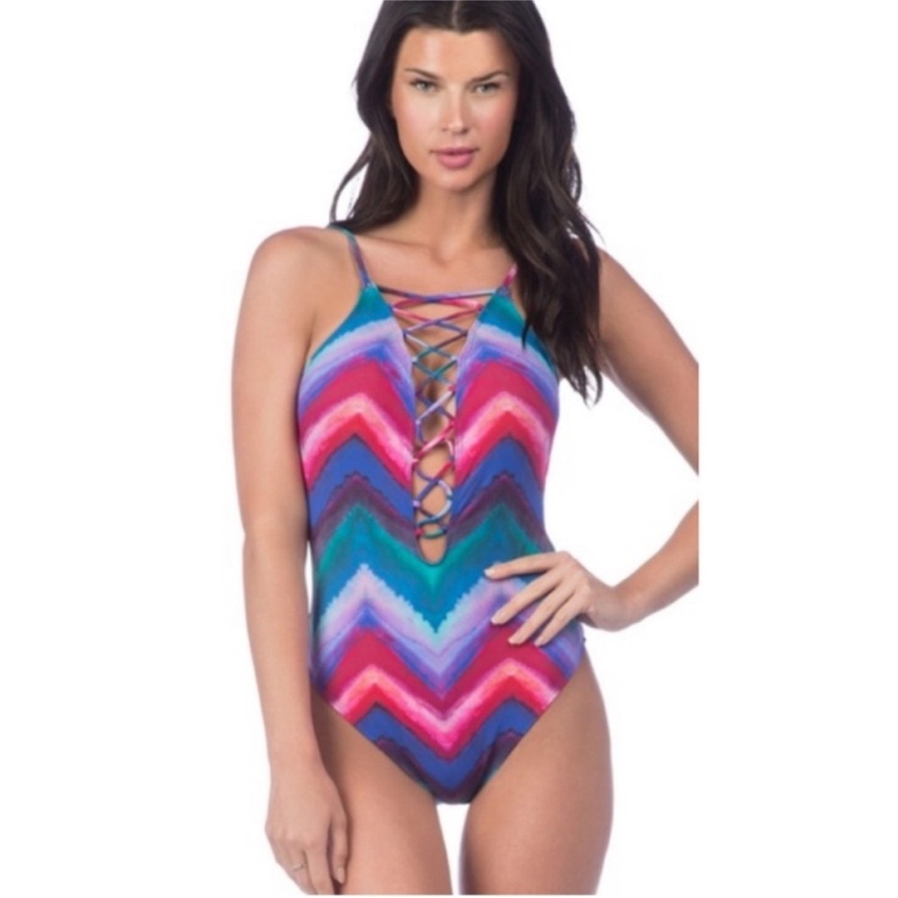 La Blanca One Piece Swimsuit Hidden Gems Multi Color Lace-Up Low Cut 12